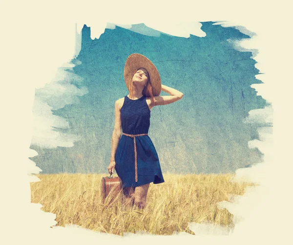 Lonely girl with suitcase at country. Photo in old paint color i — Stock Photo, Image