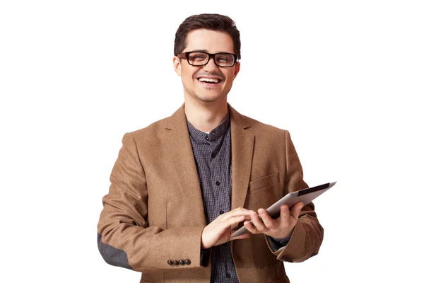 Portrait of smiling man with tablet computer. Isolated. — Stock Photo, Image