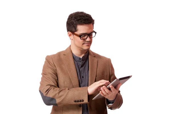Портрет усміхненої людини з планшетним комп'ютером. Ізольовані . — стокове фото