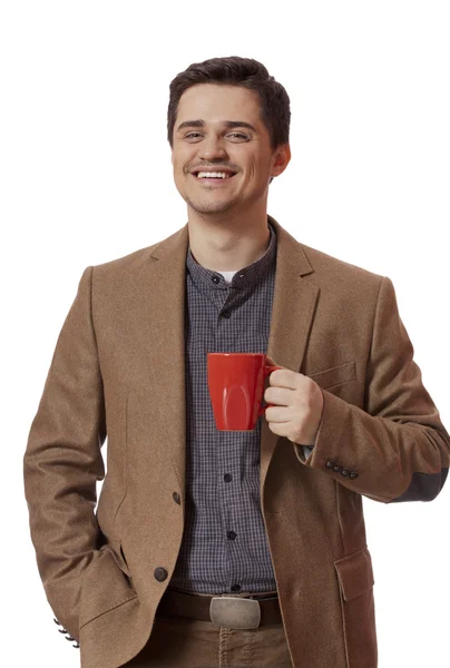Man met kopje thee op witte achtergrond — Stockfoto