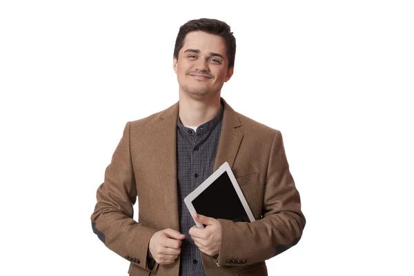 Portrait of smiling man with tablet computer. Isolated. — Stock Photo, Image