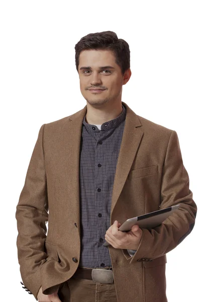 Portrait of smiling man with tablet computer. Isolated. — Stock Photo, Image