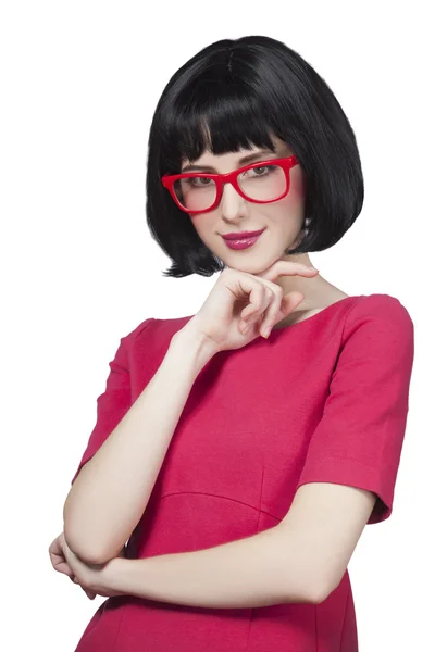 Brunette girl in glasses at white background. — Stock Photo, Image