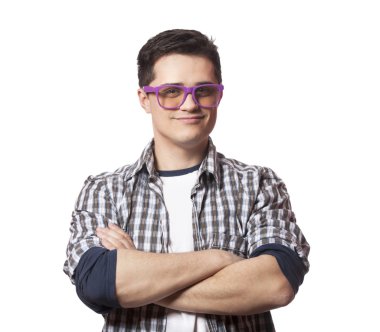 Beyaz arka plan, gülümseyen erkek hipster öğrenci