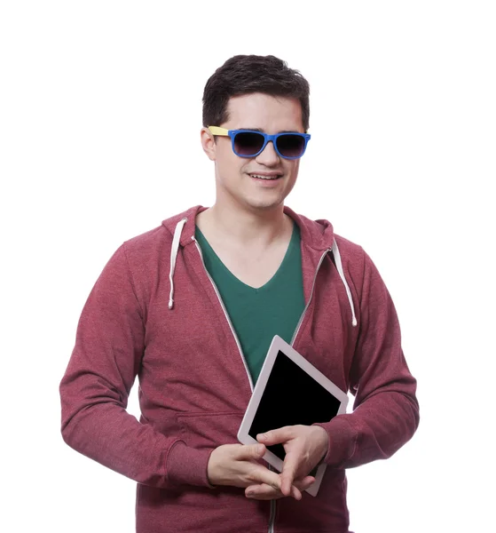 Smiling student in sunglasses with tablet — Stock Photo, Image