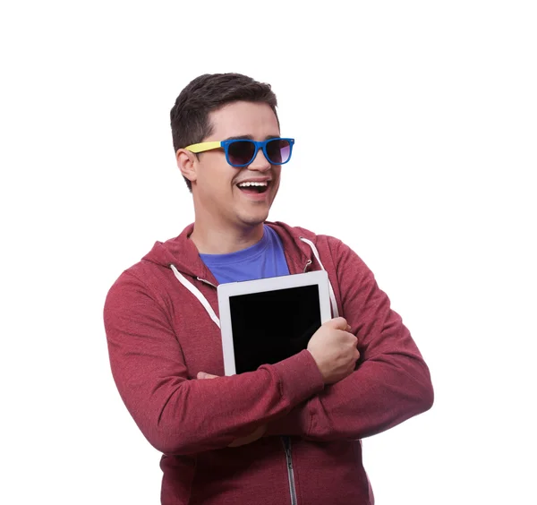 Lächelnder Student mit Sonnenbrille und Tablet — Stockfoto