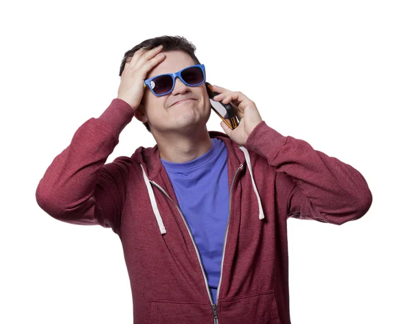 Style young man in sunglasses with mobile — Stock Photo, Image