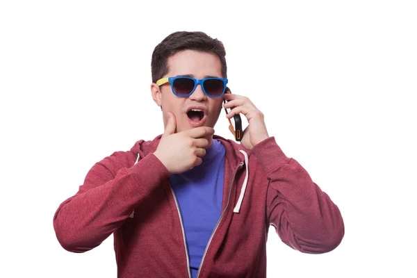 Style young man in sunglasses with mobile — Stock Photo, Image