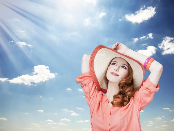 Beautiful redhead girl in hat — Stock Photo, Image