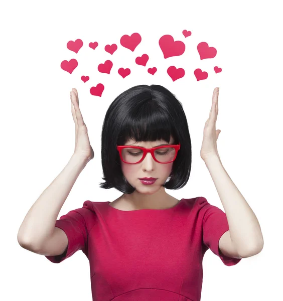 Chica en gafas rojas en fondo blanco . —  Fotos de Stock
