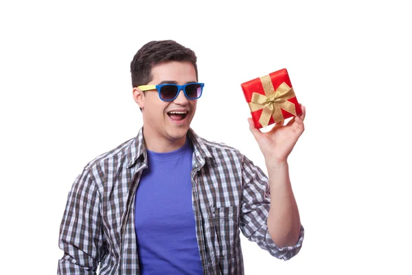 A man with present box, white background. — Stock Photo, Image