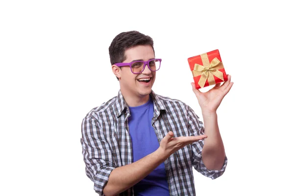 Um homem com caixa de presente, fundo branco . — Fotografia de Stock