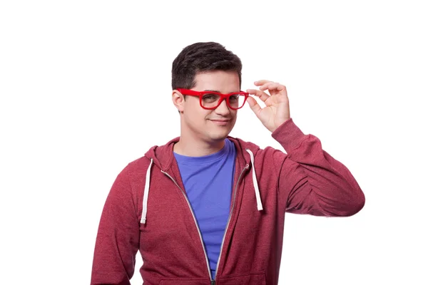 Lachende mannelijke hipster student op witte achtergrond — Stockfoto