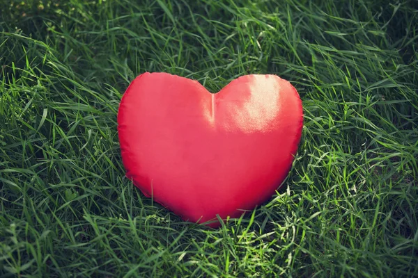 Крупный план красного сердца на траве — стоковое фото