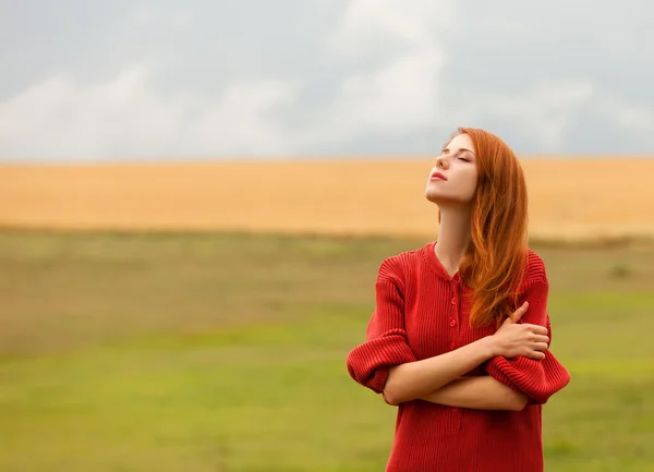 Kızıl saçlı kıza buğday alanı yakınındaki çayır — Stok fotoğraf