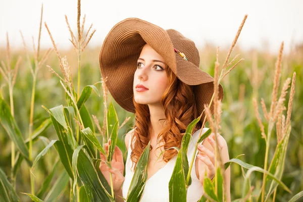Roodharige meisje in maïsveld — Stockfoto