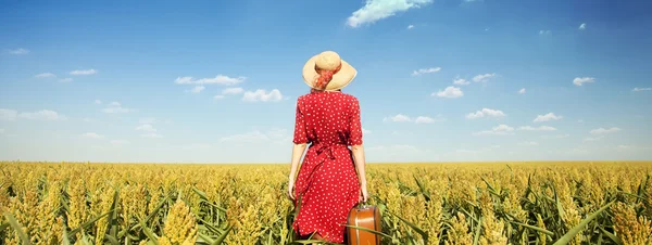 Menina ruiva com mala no campo de milho . — Fotografia de Stock