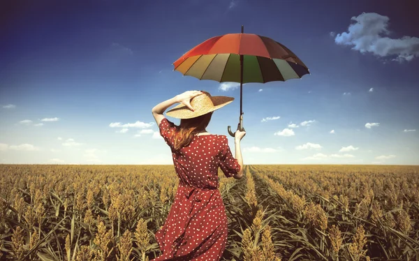 Girl with umbrella at corn field — Stock Photo, Image