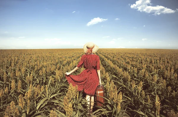 Kızıl saçlı kız corn Field'da çanta. — Stok fotoğraf