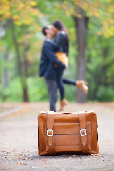 Couple with suitcase kissing at alley in the park — Stock Photo, Image