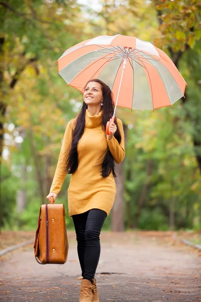 Chica morena sosteniendo maleta y paraguas en el callejón de otoño en t —  Fotos de Stock