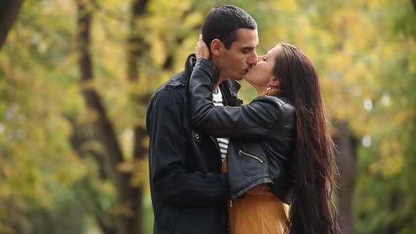 Casal beijando ao ar livre no parque — Vídeo de Stock