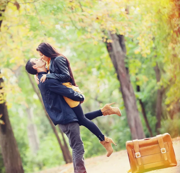 Koppel met koffer kussen op steegje in het park — Stockfoto
