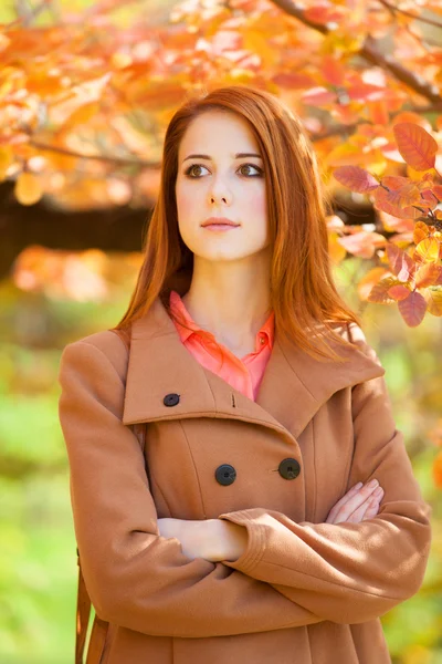 Κοκκινομάλλα κοπέλα σε πάρκο φθινόπωρο — Φωτογραφία Αρχείου