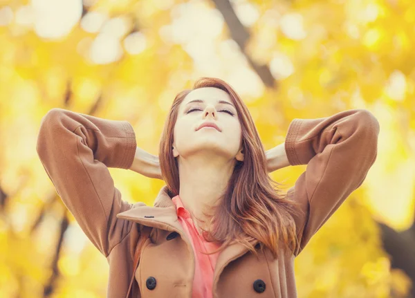 Redhead girl in autumn park — Stock Photo, Image