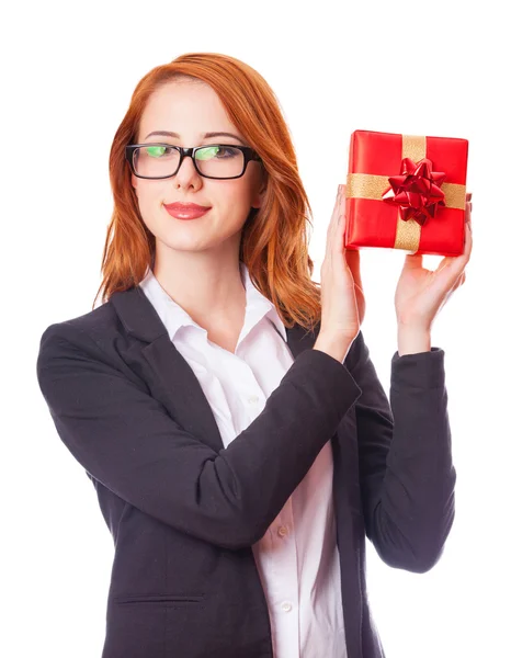 Young business woman happy smile hold gift box in hands. — Stock Photo, Image
