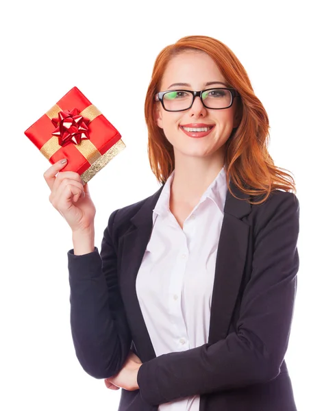 Young business woman happy smile hold gift box in hands. — Stock Photo, Image