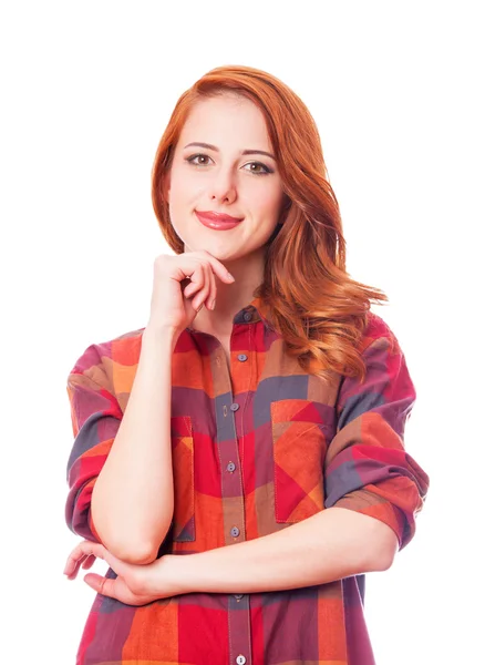 Pelirroja chica en camisa sobre fondo blanco aislado . — Foto de Stock