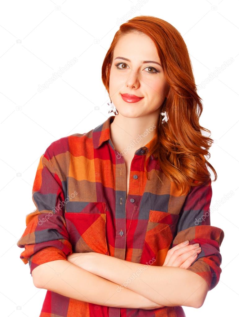 Redhead girl in shirt on white background isolated.