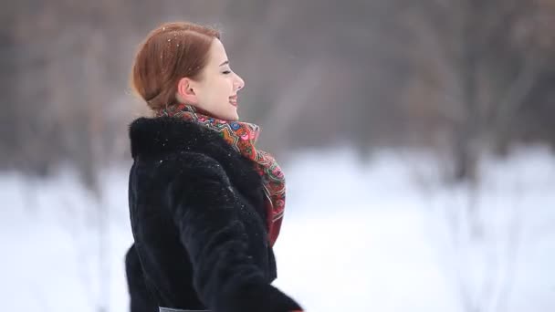 Belle donne rosse con nel parco invernale . — Video Stock