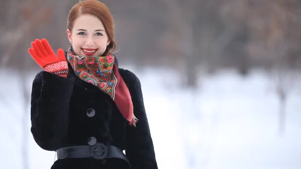 Vackra redhead kvinnor med i Vinterparken. — Stockvideo