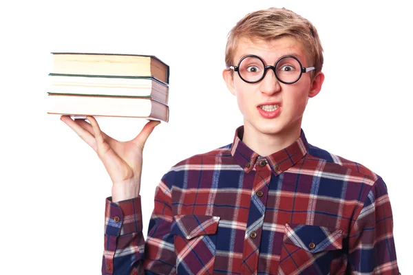 Nerd ragazzo con libri — Foto Stock