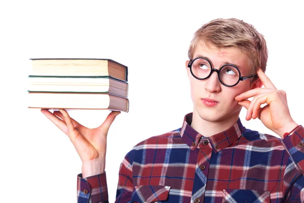 Nörd kille med böcker — Stockfoto