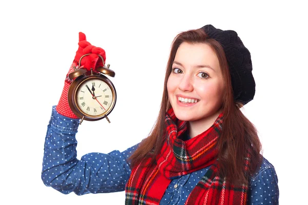 Brünette Teenager-Geschenk mit Wecker. — Stockfoto