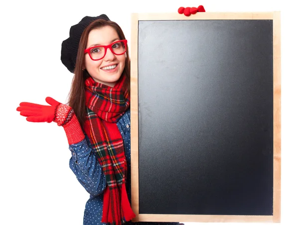 Brünette teen geschenk in brille mit tafel. — Stockfoto