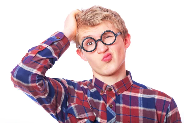 Jeune adolescent garçon en lunettes nerd . — Photo