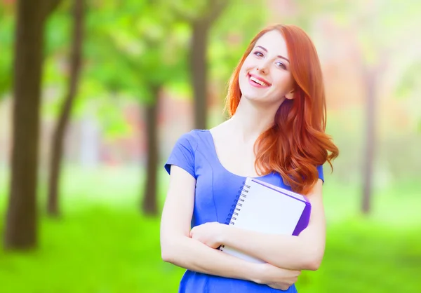 Portrait of young redhead smiling woman with notebook in the cit — Stok fotoğraf