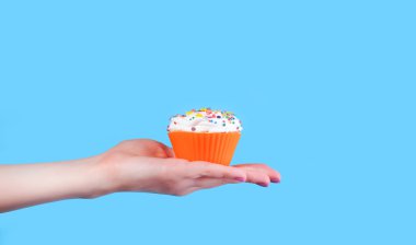 el mavi renkli cupcake tutarak