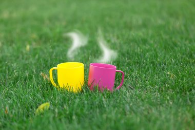 iki bardak kahve yeşil çimenlerin üzerinde.