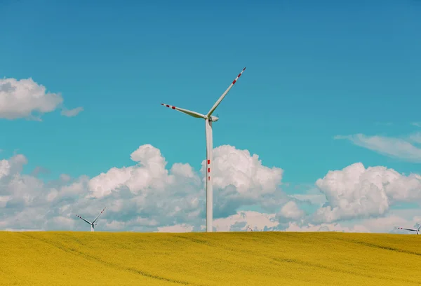Вітрова Електростанція Ріпаковому Полі Блакитному Небі Фоном Хмар — стокове фото