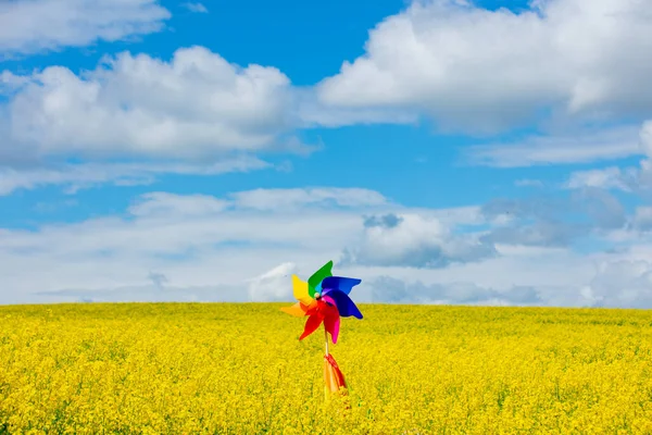菜の花畑での手の休みのピンホイールと虹の旗 — ストック写真