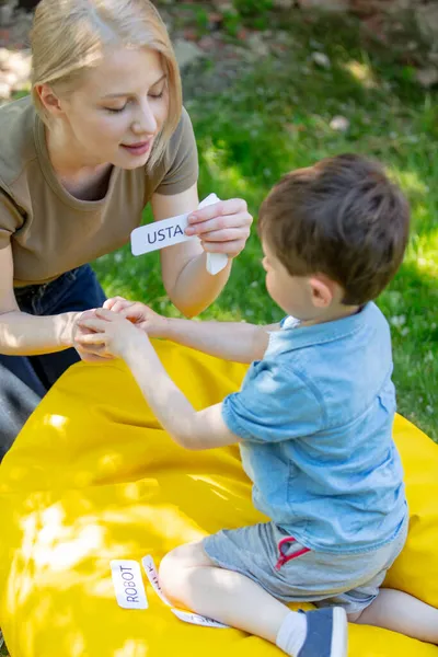 妈妈在院子里教一个自闭症小孩用多曼技巧发音 图库照片