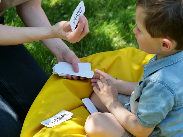 Mamá Enseña Pronunciar Palabras Usando Técnica Doman Para Niño Autista Imagen de stock