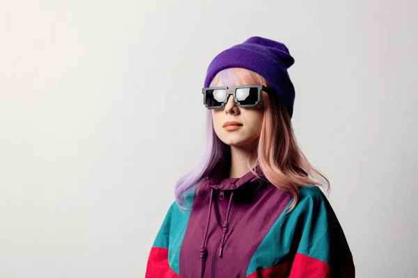 Style Blonde 80S Windbreaker Roud Sunglasses Purple Background Stock Photo  by ©massonforstock 419249878