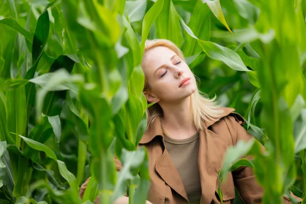 Femme Blonde Manteau Dans Champ Maïs Été — Photo