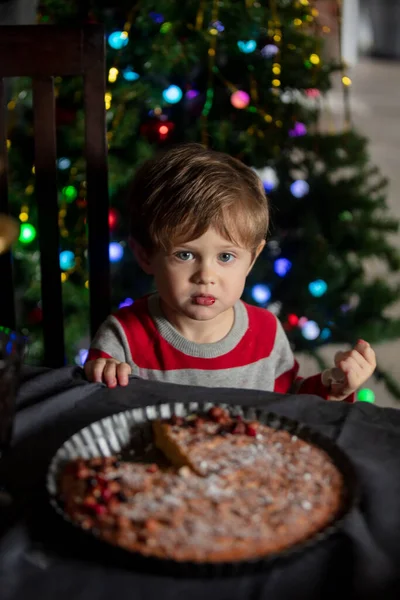 Little Boy Eating Berries Form Pie Table Christmas — Stock Photo, Image